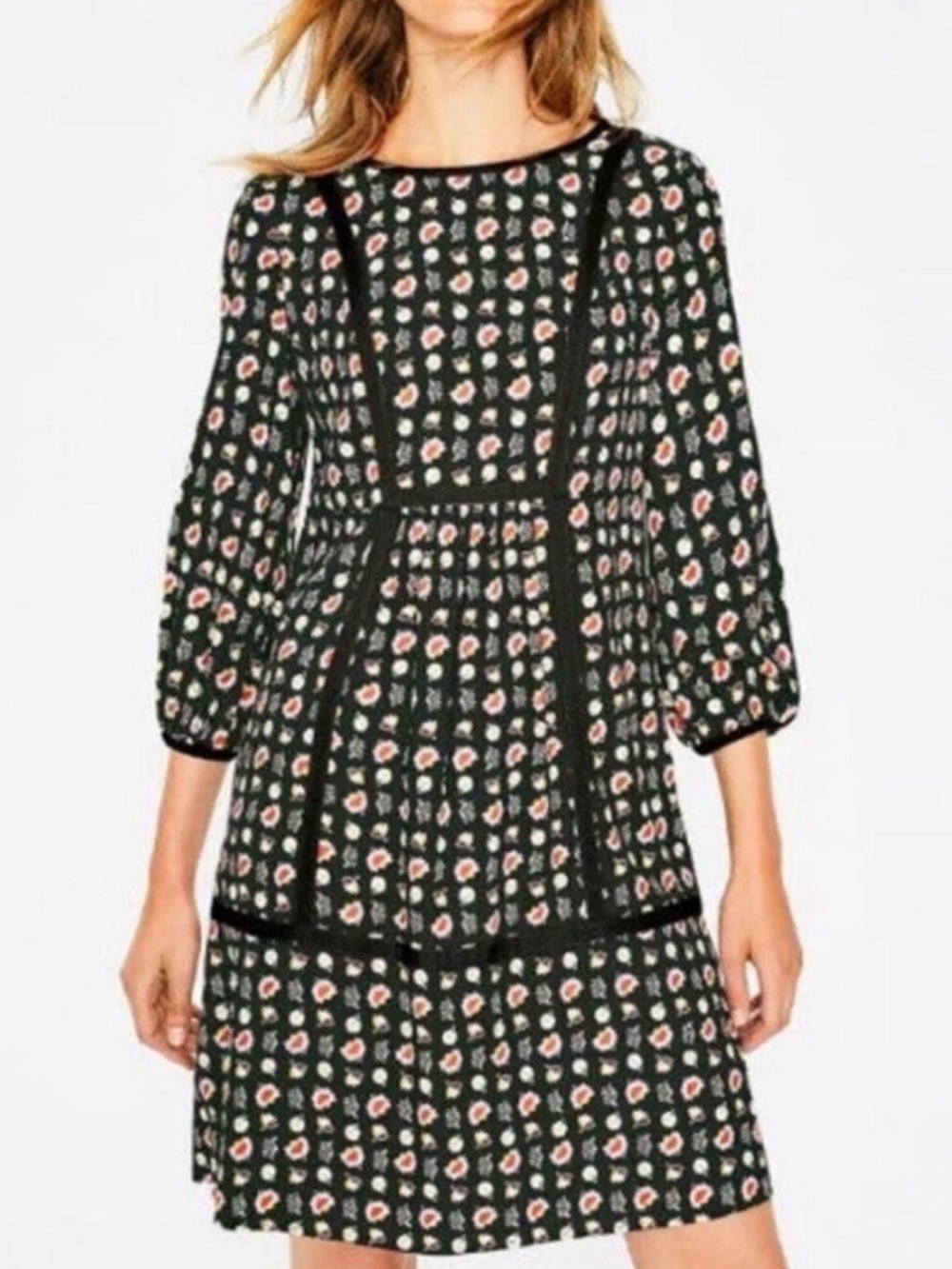 Boden Luna Floral Dress Black Red 3/4 Sleeve Empire Waist A-Line Size 10R - Picture 1 of 6